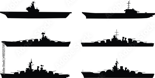 Naval warship silhouettes collection featuring battleships destroyers cruisers aircraft carriers military fleet profiles isolated on white background for maritime defense