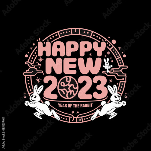Happy New Year 2023 Year of the Rabbit Vintage Badge Typography Design