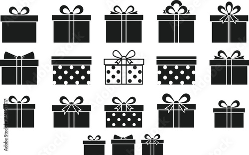Gift box silhouettes collection, present icons set, wrapped packages with bows, celebration symbols, black and white vector illustration
