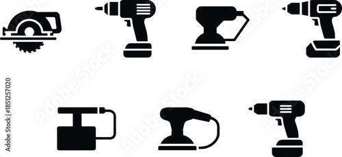 Power tool silhouette icons, black vector design, construction equipment graphic, DIY hardware illustration, woodworking tools set, tool catalog layout