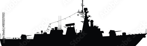 Highly detailed vector silhouette illustration of a modern military naval guided-missile destroyer warship vessel on a white background