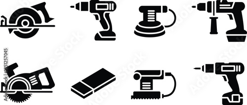 Power tool silhouette icons, black vector design, construction equipment set, woodworking tools graphic, DIY hardware illustration, tool catalog layout