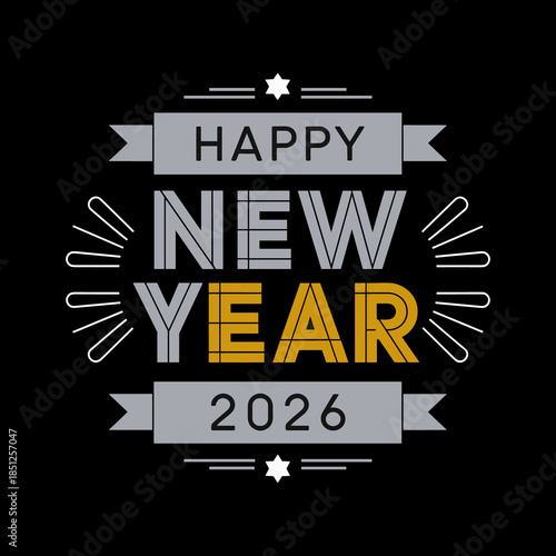 Happy New Year 2026 Modern Typography Design on Black Background
