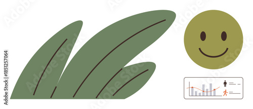 Green leaves symbolize growth, happy face conveys positivity, and bar chart suggests analytics. Ideal for nature, health, happiness, business, statistics, environment sustainability in a simple flat