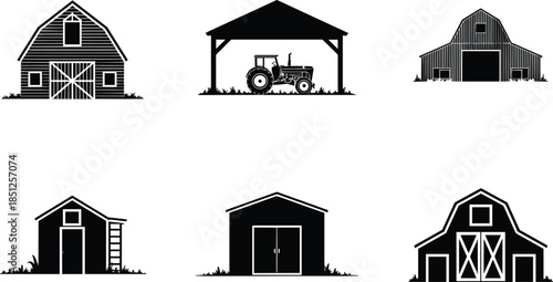 Set of Barn and Farm Building Silhouettes with Agricultural Tractor Isolated on White Background, Rural Countryside Architecture Vector Icons