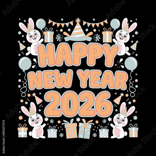Happy New Year 2026 Cute Rabbit Cartoon Celebration Illustration
