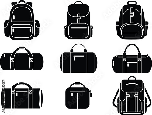 Set of black and white vector bag silhouette icons for school travel and outdoor activities