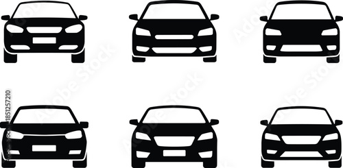 Set of six front view car silhouettes showcasing diverse grille and headlight designs for automotive design, model recognition, and styling reference