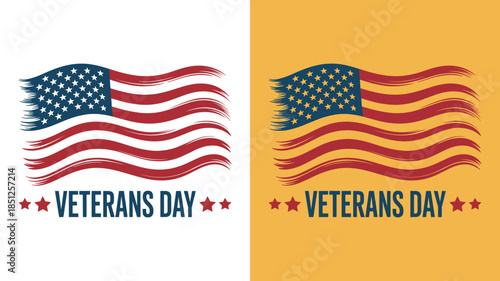 Waving American Flag with Veterans Day Text on White and Yellow Backgrounds holiday patriotism