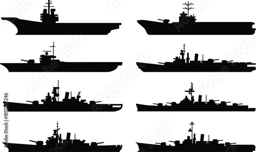 Set of Military Warship and Aircraft Carrier Silhouettes Isolated on White Background, Naval Fleet Icons for Maritime and Defense Design