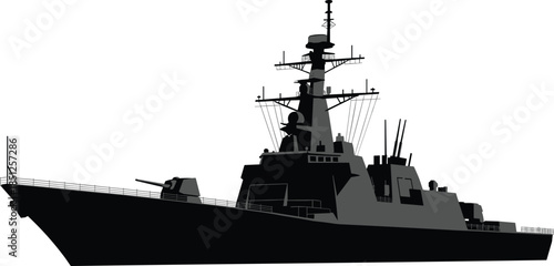 Silhouette of modern naval warship destroyer profile with radar masts, gun turret, antenna arrays, decks, and maritime defense architecture reference