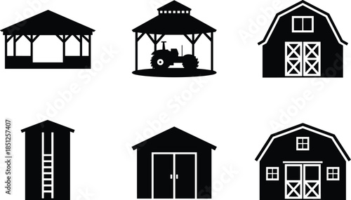 Six Farm Building Silhouettes in Two Row Grid, Barns, Sheds, Open Shelters with Tractor and Silo, Rural Agricultural Structures, Icons
