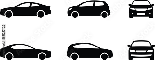 Six car silhouettes showing front and side profiles with varied grilles, headlights for automotive design, model identification, and styling reference