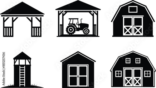 Six Farm Building Silhouettes in Two Row Grid, Barns, Sheds, Open Shelters with Tractor and Silo, Rural Agricultural Structures