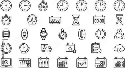 Time management line icons set with clocks calendars stopwatch schedule planning productivity deadline reminder outline symbols tracking business ui design
