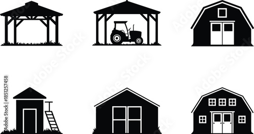 Six Farm Building Silhouettes in Two Row Grid, Barns, Sheds, Shelters, Tractor, Agricultural Structures, Rural Architecture, Farming Equipment Storage Design
