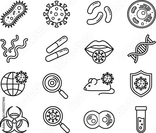 Virus bacteria line icons set with microbiology cells infection dna biohazard immunity medical science laboratory outline symbols research