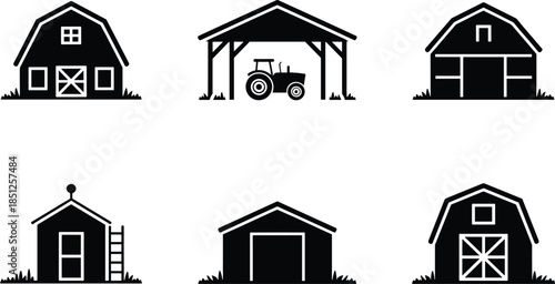 Six Farm Building Silhouettes in Two Row Grid, Barns, Sheds, Open Shelters, Tractor, Ladder, Agricultural Outbuildings, Rural Architecture Study Icons