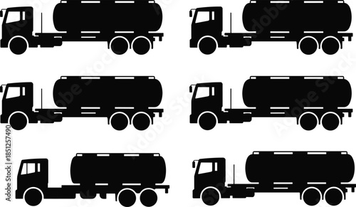 Six Identical Tanker Truck Silhouettes in Two Row Grid, Cylindrical Tank Trailers, Transportation Logistics, Fuel Delivery, Industrial Freight Vehicles Fleet