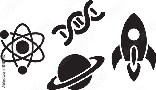 Collection of space and science icons representing astronomy genetics and exploration