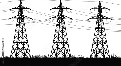 Three High Voltage Transmission Towers in Row on Grassy Terrain, Lattice Pylons with Power Lines, Electrical Infrastructure, Energy Distribution Network