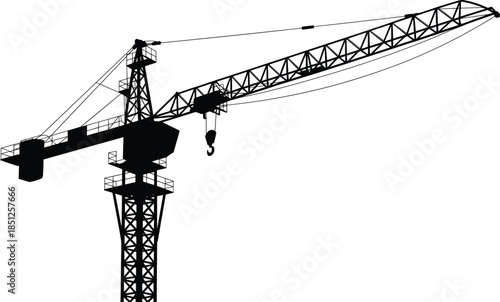 Tower crane silhouette, construction equipment icon, black vector design, engineering machinery, lifting structure, building site tool, architectural planning graphic