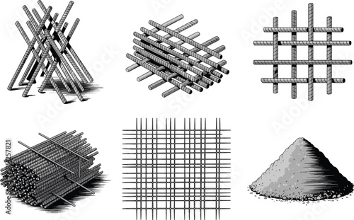 Various black and white vector illustrations of steel reinforcing bars (rebar) arrangements and a pile of aggregate for concrete construction