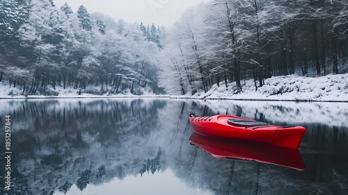 A red canoe on a calm, reflective surface of a serene lake surrounded by snowcovered trees. The scene is devoid of any human presence, emphasizing the untouched beauty of nature.