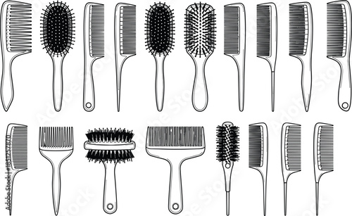 Hair combs and brushes silhouettes collection featuring professional barber and salon styling tools isolated on white background illustration set