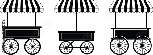 Vintage market cart silhouette illustration set, street vendor wagon, retro food stall design, black white transport icon, classic fair vector