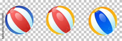 Colorful striped inflatable beach balls in different color combinations, ready for summer fun.