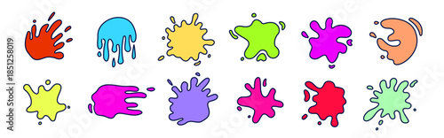 Colorful collection of abstract splash shapes in diverse styles and vivid hues for creative design.