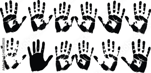Handprint silhouettes collection featuring human palm impressions and grunge hand marks isolated on white background, abstract artistic illustration set