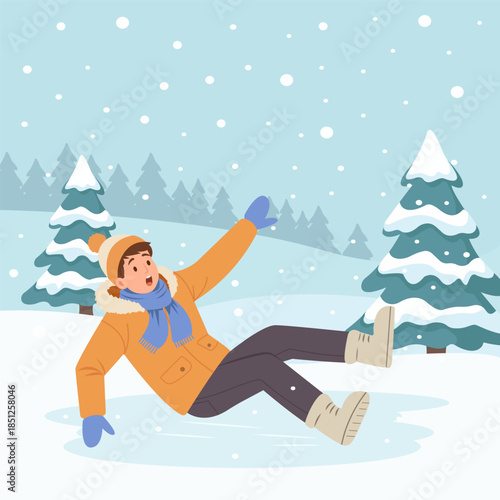 The man slipped on the ice, falls, waving his hands, scared. Dangerous ice, slippery winter road. Boy in a down jacket, scarf, mittens. Vector  colorful flat design illustration.