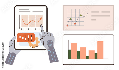Robotic hands interacting with tablet displaying charts and processing data. Bar graphs, trends, and mechanical gear. Ideal for AI, technology, analytics, automation, robotics future innovation