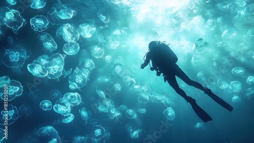 Aerial view of a diver swimming amidst a sea of jellyfish in the ocean, captured from a low angle that emphasizes the depth and movement of the jellyfish. The diver is positioned centrally.