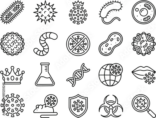Virus bacteria line icons set with microbiology pathogen cell infection biology medical laboratory health science outline symbols, research, analysis, protection