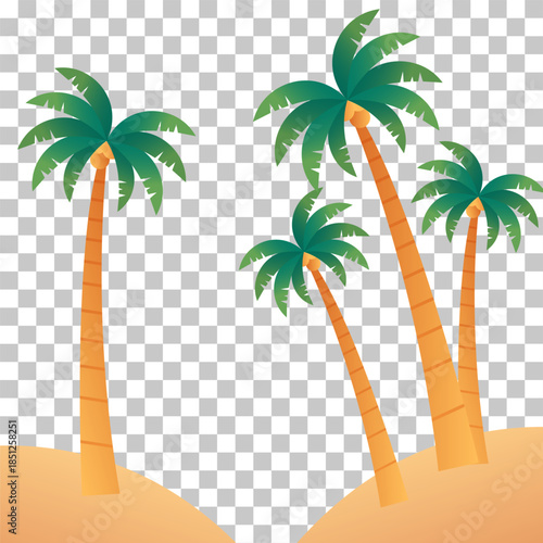 Palm trees with green fronds and orange trunks on sandy ground with a transparent background.