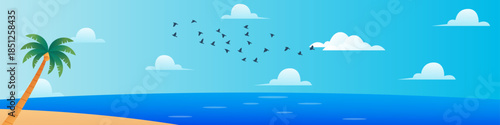 Illustration of a tropical beach with a palm tree, blue ocean, and a flock of birds flying in the sky with clouds.