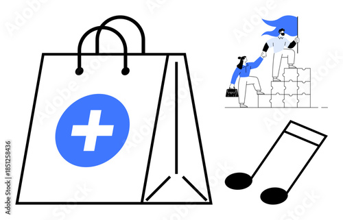 Healthcare, teamwork, shopping, collaboration, music, creativity. A shopping bag with a medical cross, two people collaborating on stairs a musical note symbol. Healthcare and teamwork