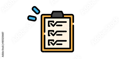 Checklist on clipboard with blue pills nearby