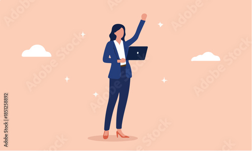 Cheerful woman with computer - Businesswoman holding laptop with hand raised in air, smiling and cheering over victory and triumph. greatness concept in flat design vector illustration