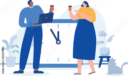 Coffee break at work - Vector illustration of man and woman taking a break from working, smiling and talking together. Flat design with white background