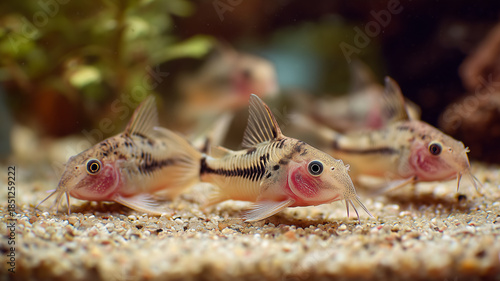 A calm scene of a home aquarium featuring peaceful corydoras catfish resting on fine sand substrate, clear water and soft indoor lighting