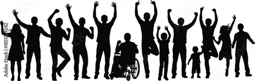 Inclusive community silhouette, dynamic pose diversity, celebration gesture, wheelchair figure, black white vector, unity movement illustration art