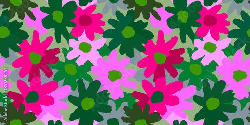 Stylish vector floral seamless pattern. Abstract colorful background with cut-out daisy flowers, bold shapes. Paper cut collage style pattern. Naive art. Simple repeated design in pink and green tones