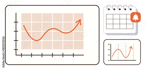 Line graph rising on grid, calendar with notification bell. Ideal for progress tracking, data analysis, scheduling, planning, task management, goal setting, simple flat metaphor