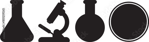 Set of scientific experiment icons with various laboratory glassware and research tools