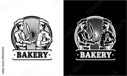 Two male bakers shaking hands, a symbol of partnership and quality in the bakery industry.