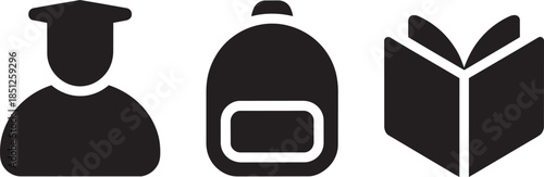 Student icon, backpack icon, and book icon are essential symbols representing education and learning journey